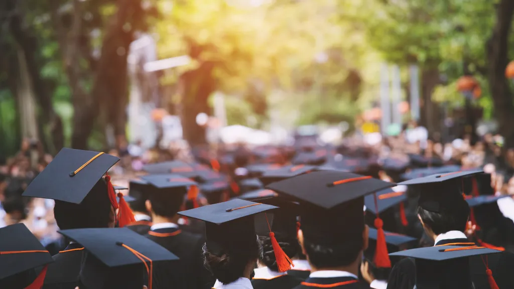 A number of college graduates dressed in traditional cap and gown attire, walking in a group outdoors.